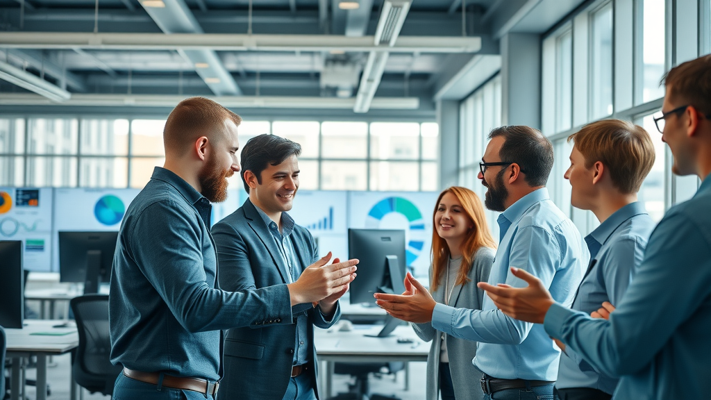 Impressive modern office workspace with enthusiastic professionals collaborating on SEO company strategies, data analytics, and web design. Bright, high fidelity, bustling open-plan environment.