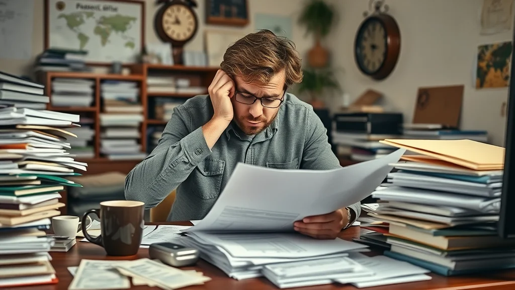 Stressed business owner at cluttered desk overwhelmed by bookkeeping, illustrating poor business focus and risks of not delegating financial tasks.
