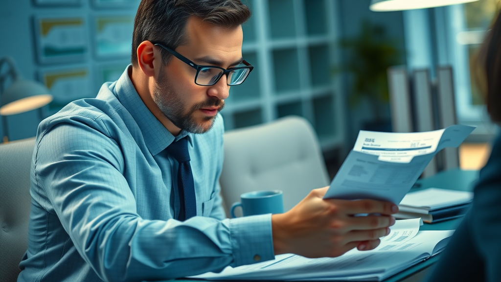 Business accountant reviewing costs and invoices for commercial plumbing services