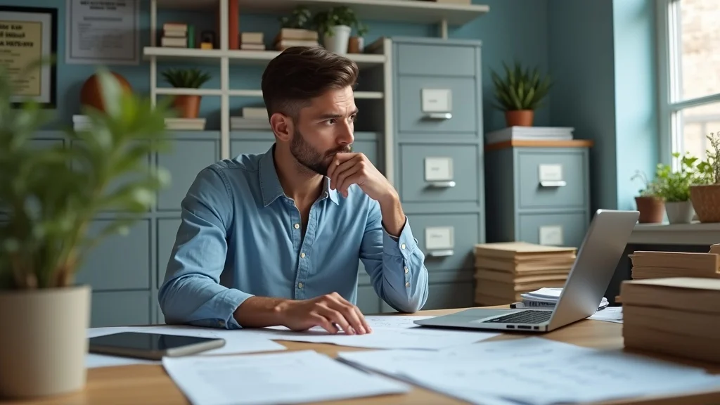 Business tax prep challenges: Small business owner surrounded by receipts, invoices, and tax guidelines for business tax filing