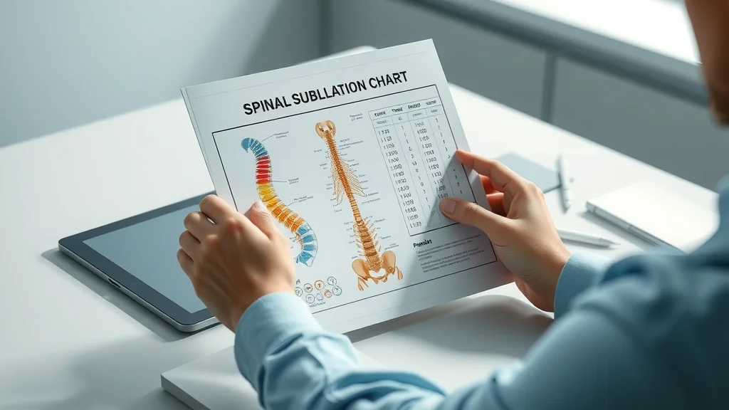 Modern, detailed 3D rendering of a spinal subluxation chart — No visible faces, only hands studying the chart, styled as Photorealistic set on a sleek desk with a digital tablet and notepad in the background, featuring soft shadows and a slight reflection, rendered with high texture clarity, ultra-realism, emphasized with a soothing neutral and blue-tinted palette, under daylight LED lighting, captured as if shot with a macro lens for sharp close-up.