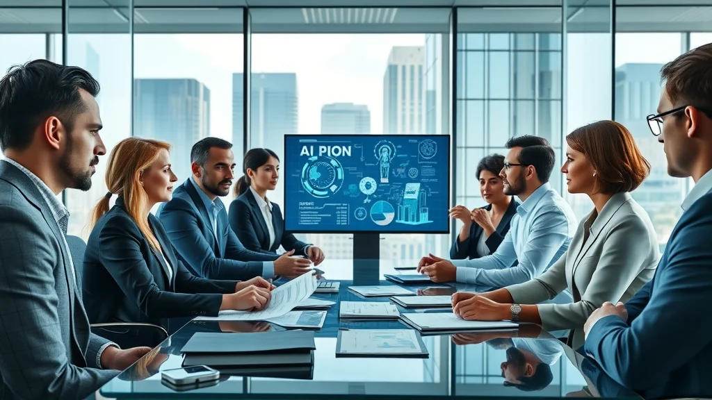 Diverse enterprise executives discuss <em>ethical AI governance</em> in a modern boardroom with digital AI displays