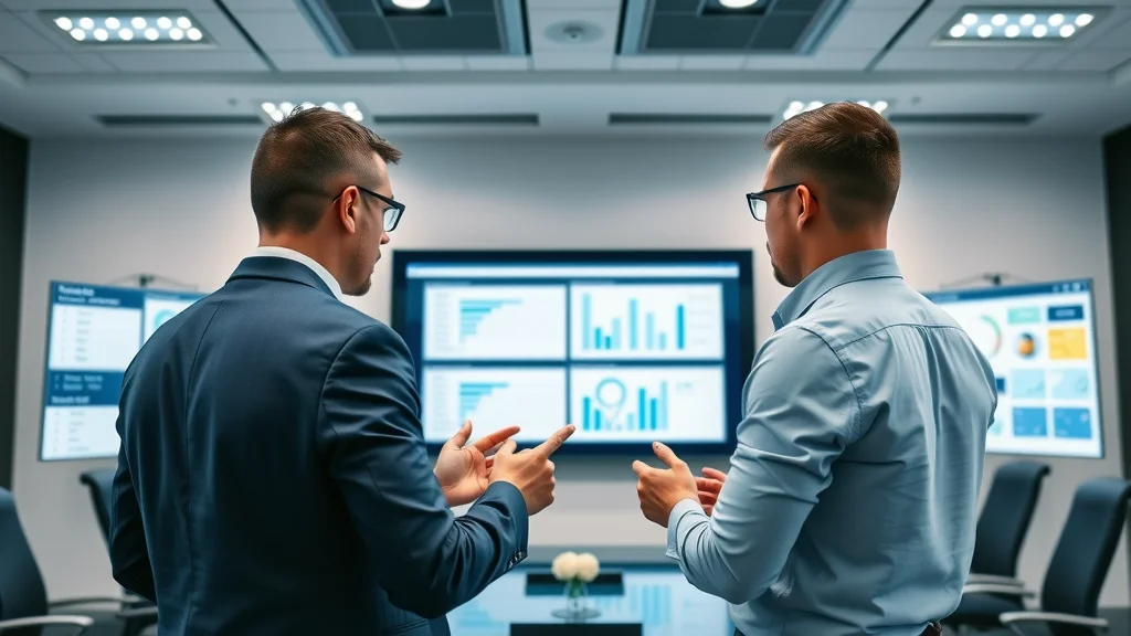 Business professionals comparing fleet management software features on digital screens