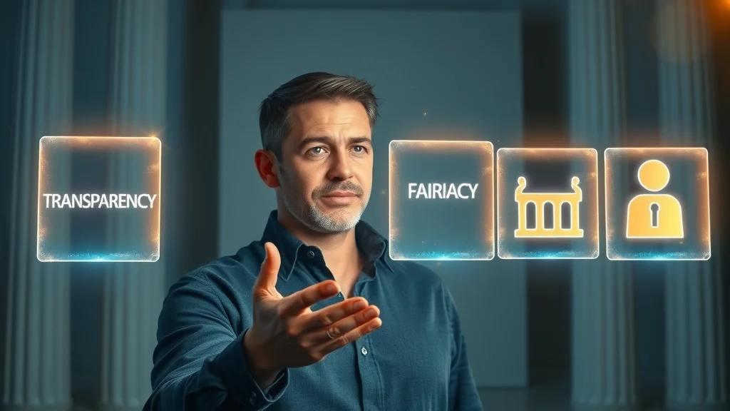 Symbolic four pillars: confident person interacts with glowing transparency, accountability, fairness, privacy icons, minimalist digital background, soft spotlight.
