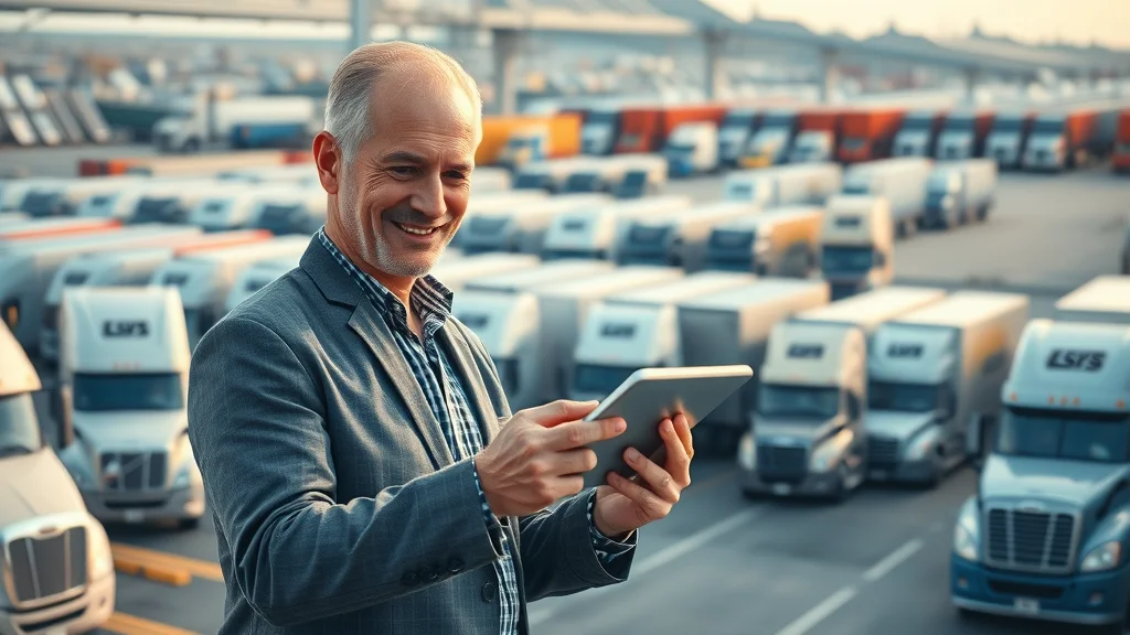 Dynamic fleet of modern semi-trucks parked at a busy logistics hub, confident manager uses a tablet for trucking management software solution operations