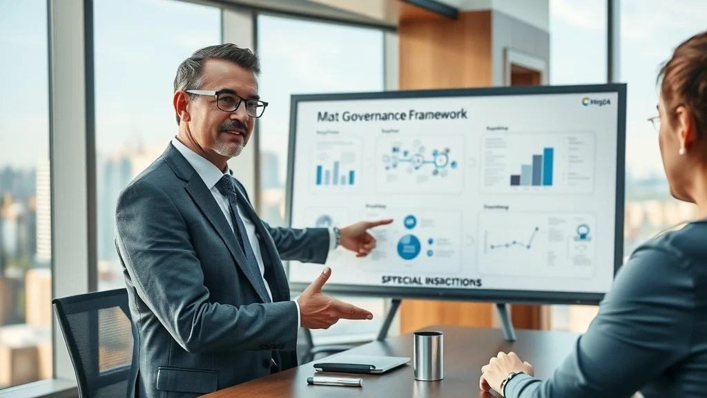 Executive discussing AI governance framework in corporate boardroom – formal, digital whiteboard, photorealistic