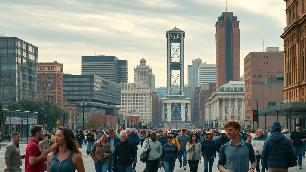 Dynamic cityscape of Grand Rapids with people and modern buildings