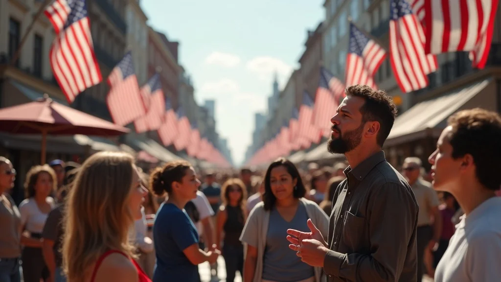 Freedom of Speech in an American town square—diverse group openly discussing issues, patriotic red, white, blue accents