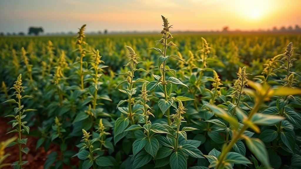 Lush tulsi plant field gently blowing in the breeze, highlighting Ocimum tenuiflorum for cortisol reduction