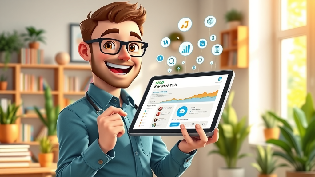 Confident SEO expert showcasing keyword research tool dashboard for small business