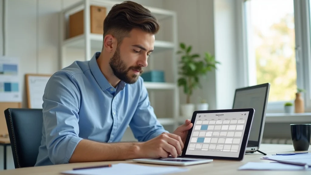 painting contractor reviewing digital calendar for customer reactivation for painters in office setting