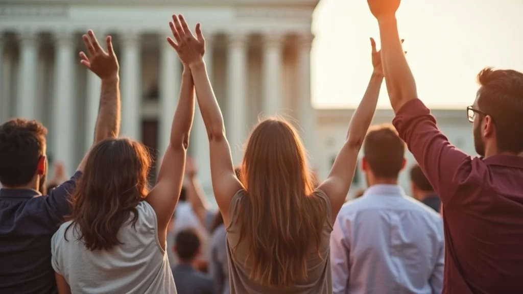 Diverse Americans at courthouse supporting constitutional rights – supreme court, why do we need the constitution, photorealistic, hopeful, courthouse