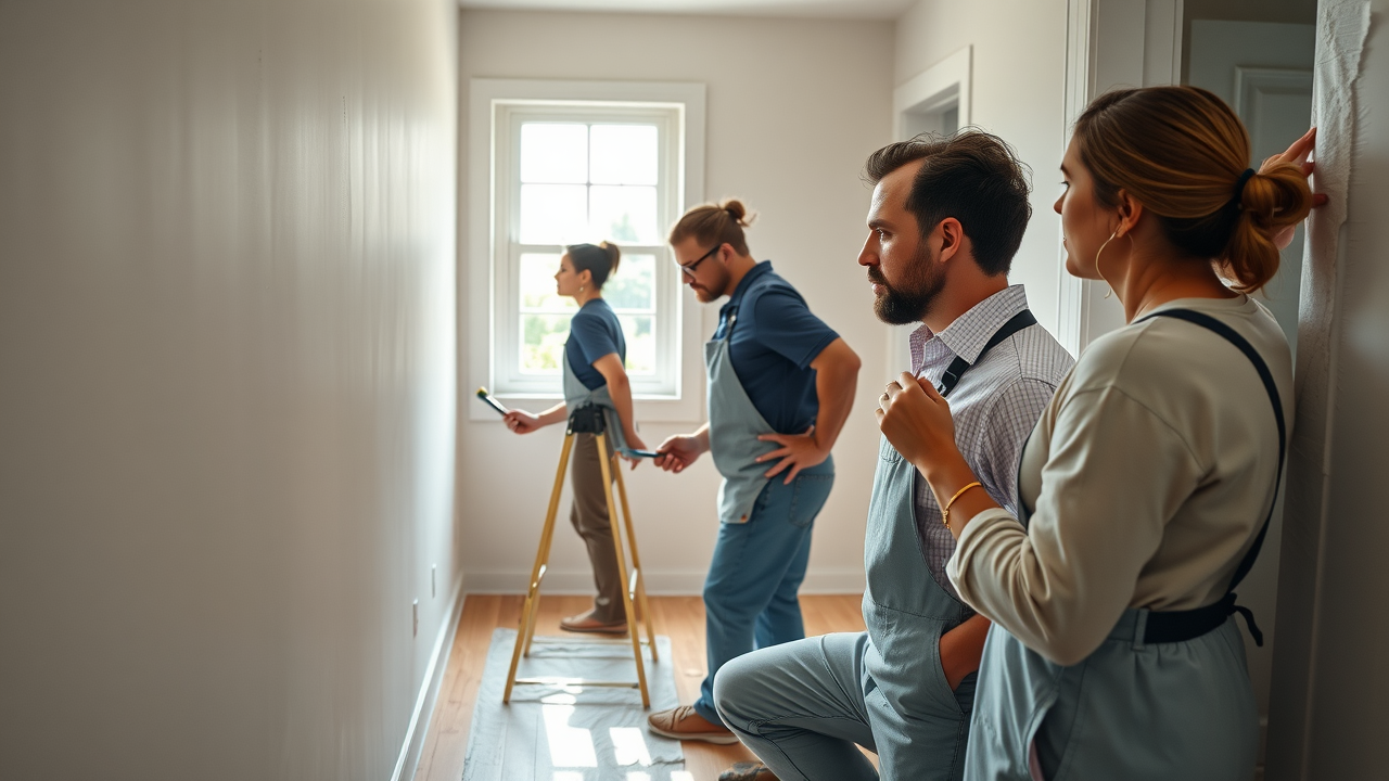 Skilled painters in professional attire prepping and priming Minneapolis walls for painting inside sunlit residential interior
