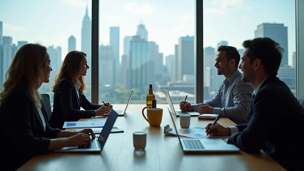 Professional bookkeeping team discussing organized business growth solutions around modern conference table