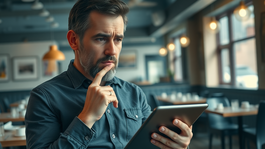 Concerned Mesa small business owner reviewing merchant cash advance repayment schedule on a digital tablet, empty tables in restaurant background