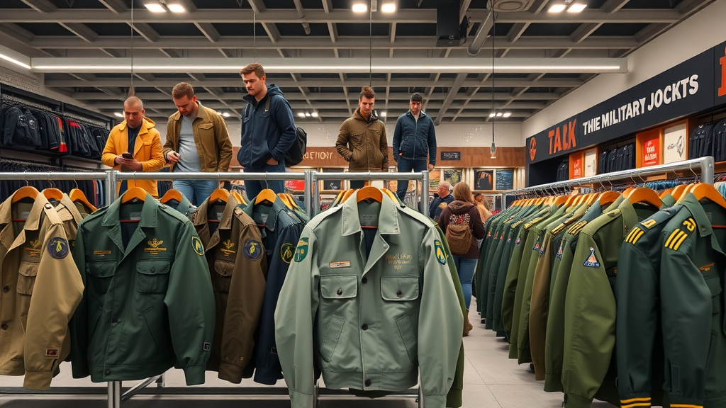 Array of military jackets organized on racks, showcasing modern styles amid a trendy store, vibrant with bright lighting.