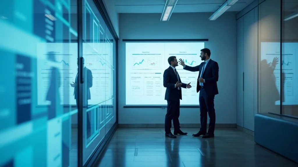 business broker explains business sale process with client digital screen
