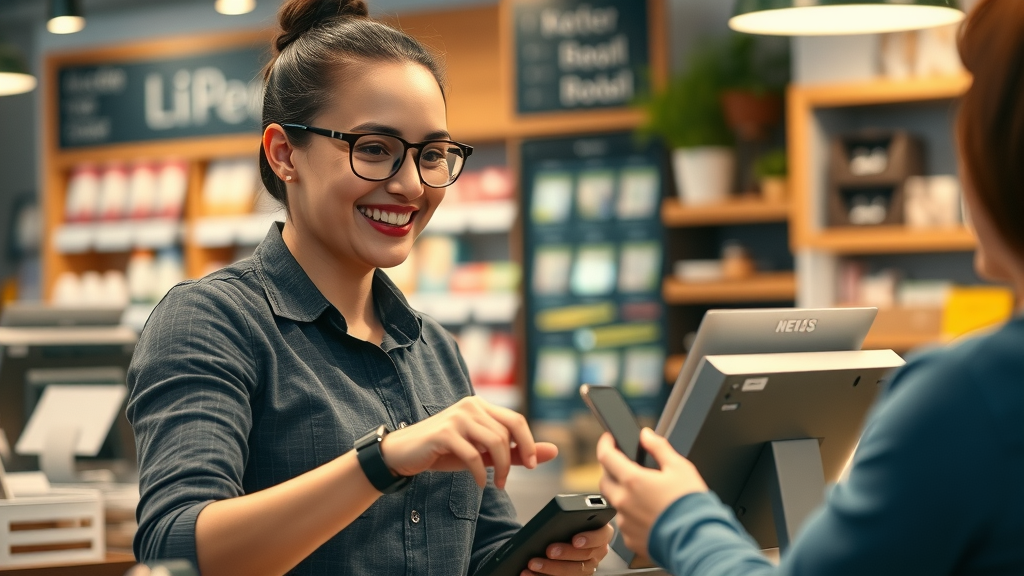 small business owner processing merchant cash advance repayment via point-of-sale, hands using payment terminal for cash advance option