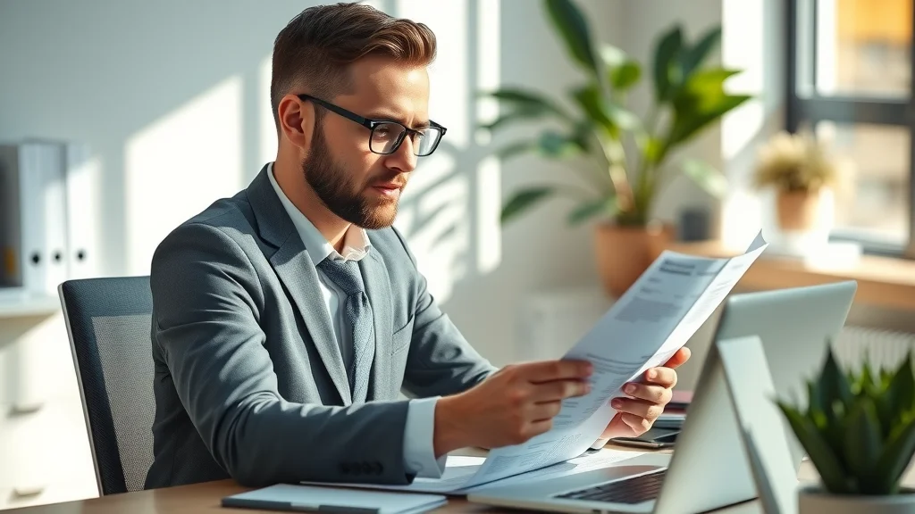 Professional small business owner reviewing organized financial reports in a clean office for tax preparation