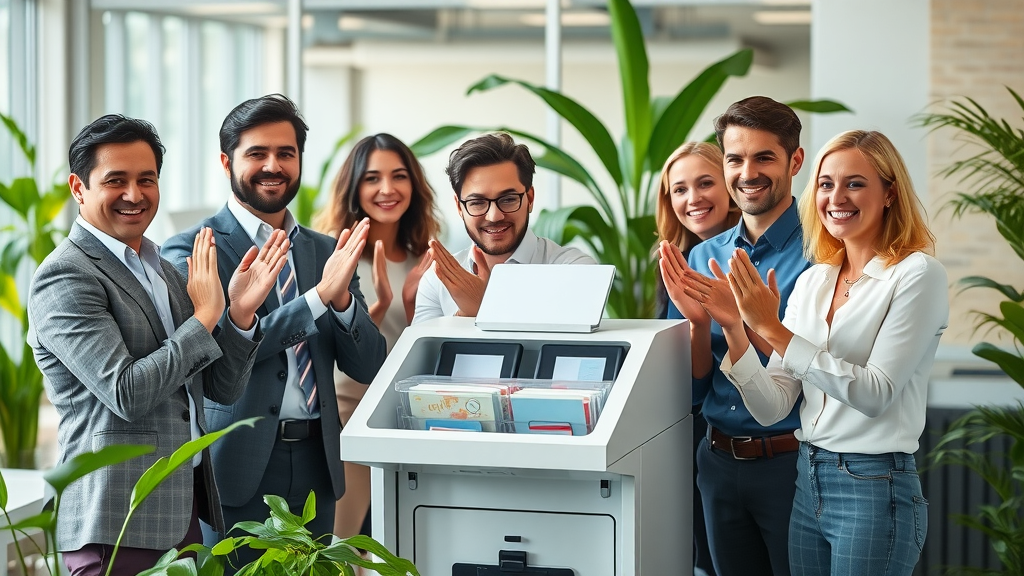 successful business team celebrating new card sorting machine financed for trading card and tcg business growth