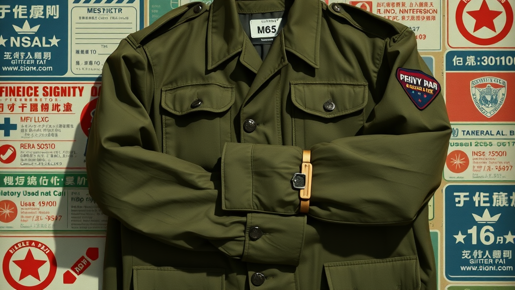Folded M65 army jacket in a classic military setting, highlighting its iconic design against a backdrop featuring military stencils.