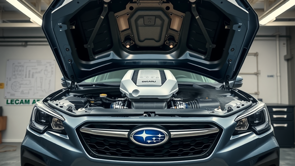 2026 Subaru Outback hybrid engine bay, detailed close-up with glowing components and silver-black design in a garage background