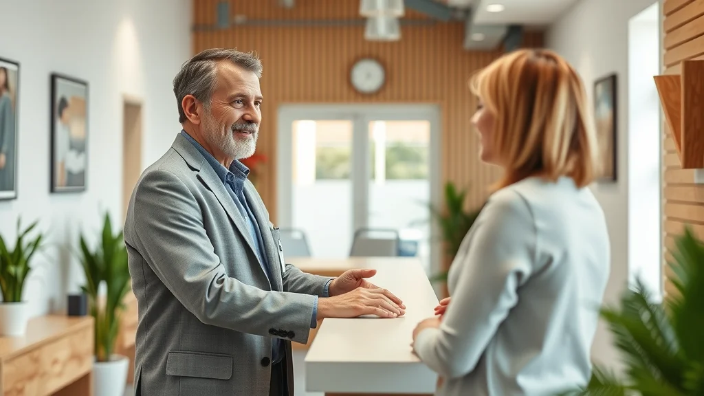 sacramento chiropractor welcoming chiropractic office interior bright and friendly, a professional and approachable chiropractor greeting a patient at the reception desk, modern clinic with natural wood accents and plants