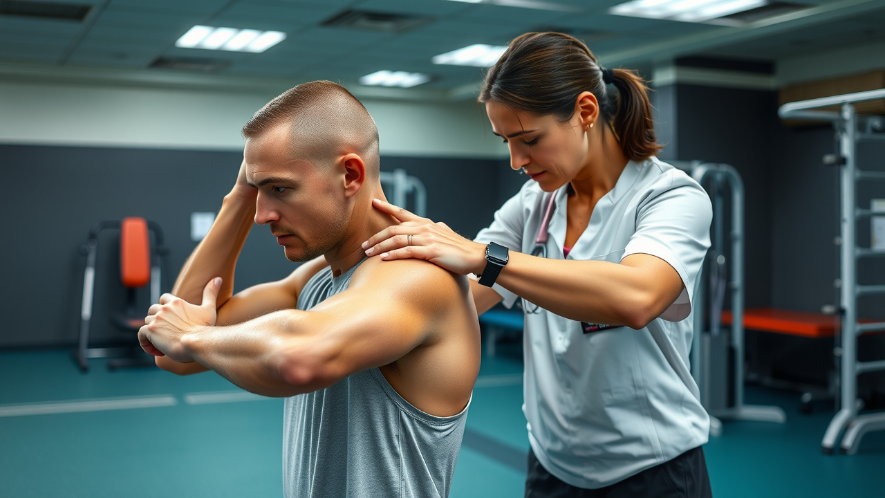 Sports injury physiotherapist in Calgary helping athlete stretch, specialized therapy services