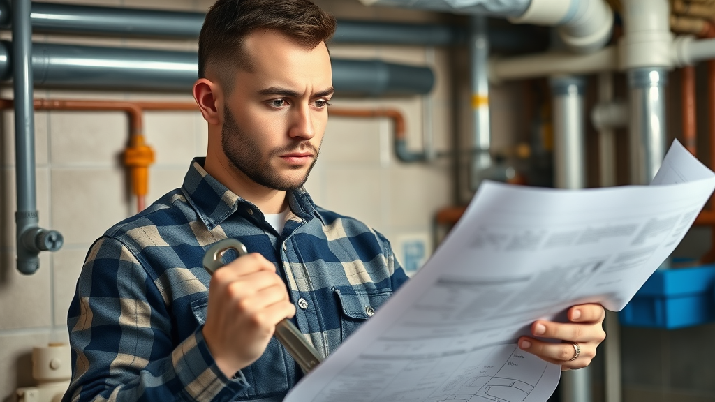 credible professional licensed plumber examining blueprints in a busy residential basement