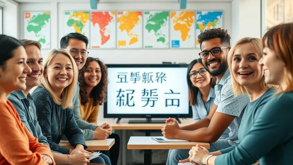 Group learning Chinese in modern classroom, energetic learners understanding and speaking Chinese