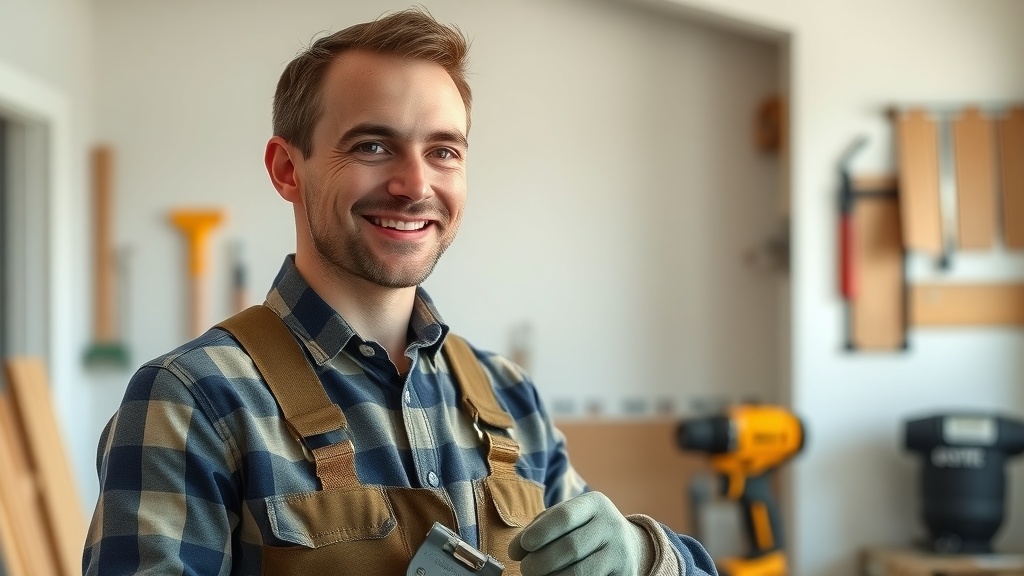 Professional handyman smiling after drywall repair, standing with tools, clean wall in background, proud of fixing popped nails and screws in the wall