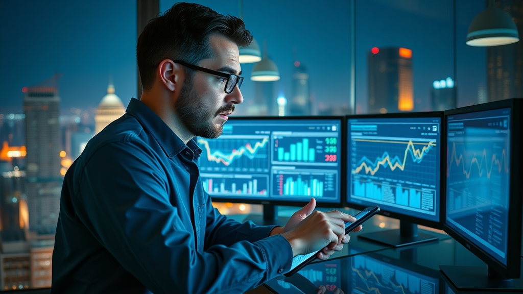 Marketer reviewing online advertising metrics dashboards for businesses in high-rise office