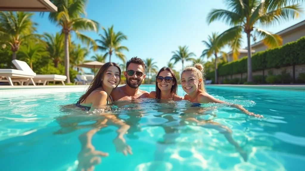 Vibrant Miami waterfront pool — relaxed, satisfied family enjoying a pristine, sparkling clean residential pool, Photorealistic, set outdoors with lush tropical landscaping, blue sky, and modern patio furniture, featuring small palm fronds floating on water and subtle reflections, rendered with ultra-high texture quality and clarity, emphasized with aqua and green hues, under bright natural morning light, captured as if shot with a 35mm lens at f/2.8. Miami pool clean.