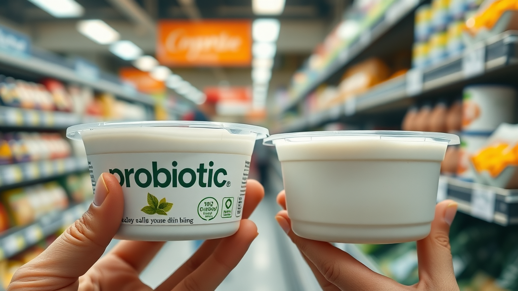 detailed close-up showing two types of yogurt, one labeled probiotic and the other plain, highlighting differences in live bacteria content in probiotic yogurt