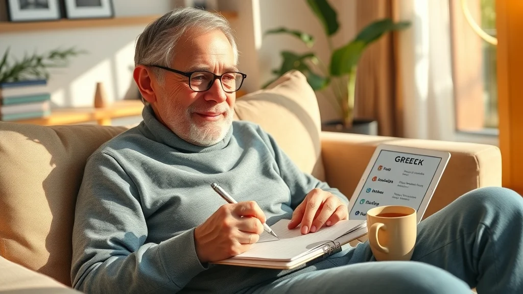 Middle-aged learner practicing Greek writing with flashcards and a notepad in a comfortable, sun-filled living room. Emphasizing modern Greek learning with warmth and focus.