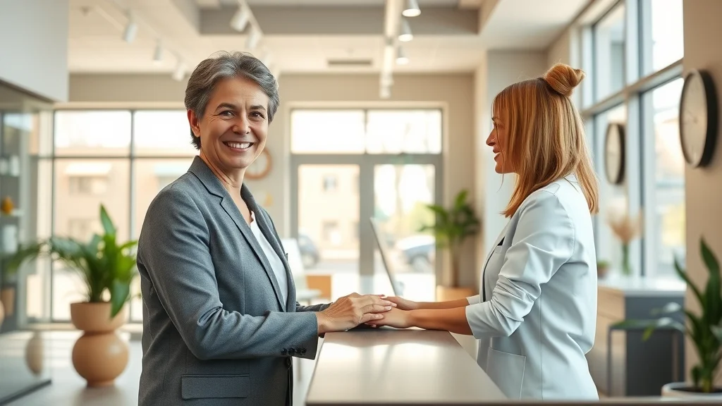 Modern chiropractic office with a friendly staff greeting patients at the front desk, highlighting the welcoming atmosphere and convenient Saturday availability for chiropractic care.