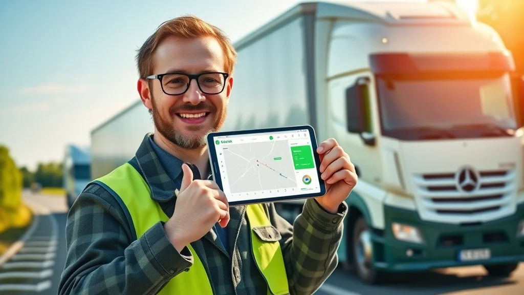 Eco-friendly trucking fleet manager displays mobile device with green routing software using trucking management software solution