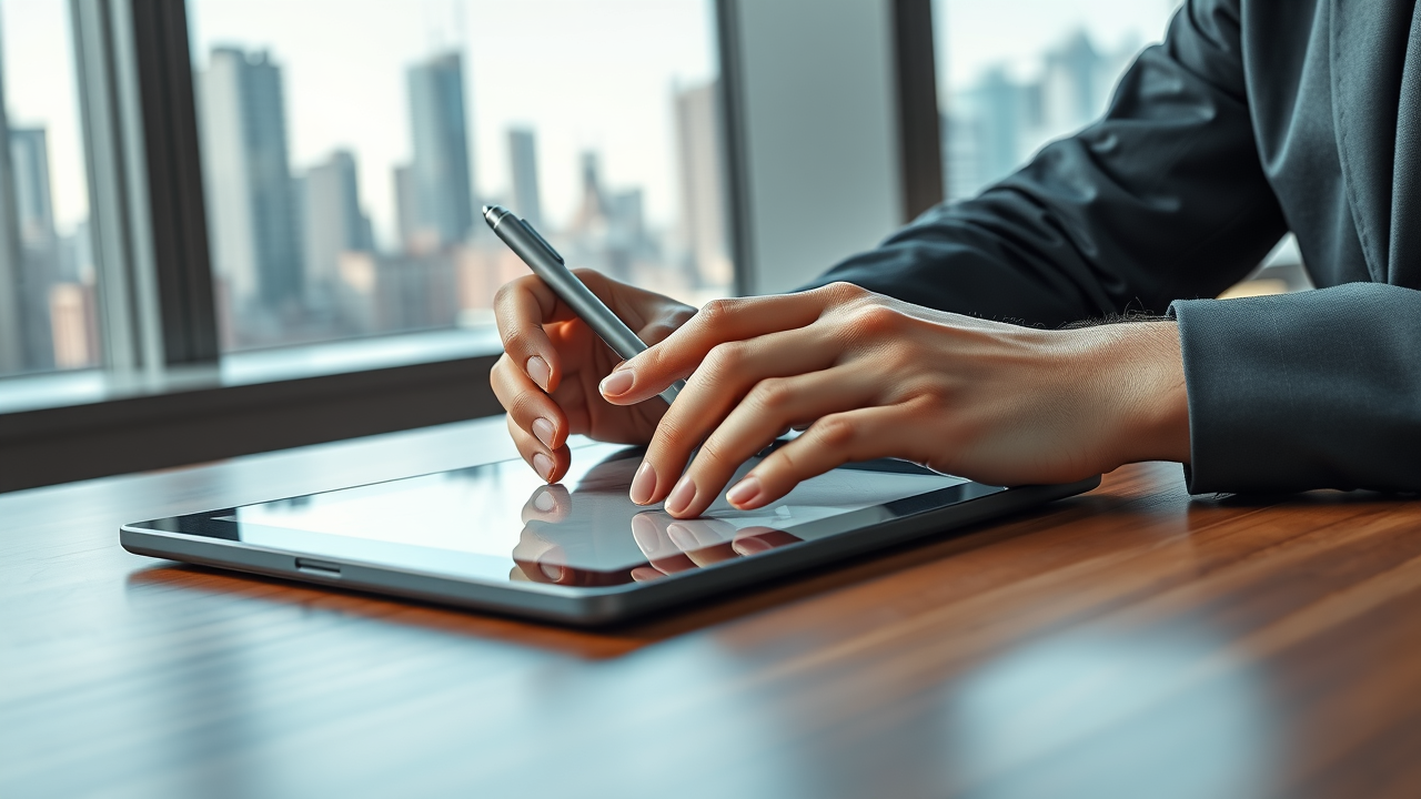 Hands updating Google My Business profile on tablet, city view, small business internet marketing