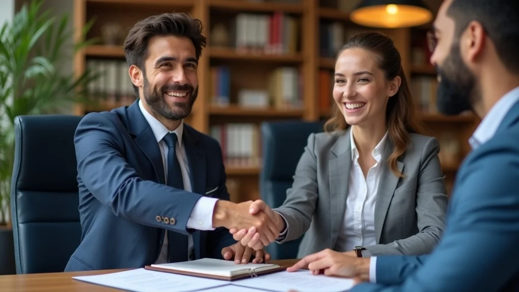 Smiling diverse clients shaking hands with legal advisor—immigration lawyer, law office, satisfied clients.