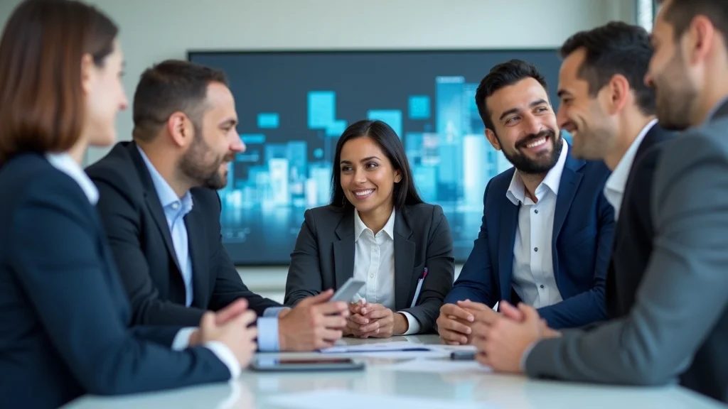 Professional group of CPAs collaborating in a modern office with social media icons in the background. Social media marketing for accountants.