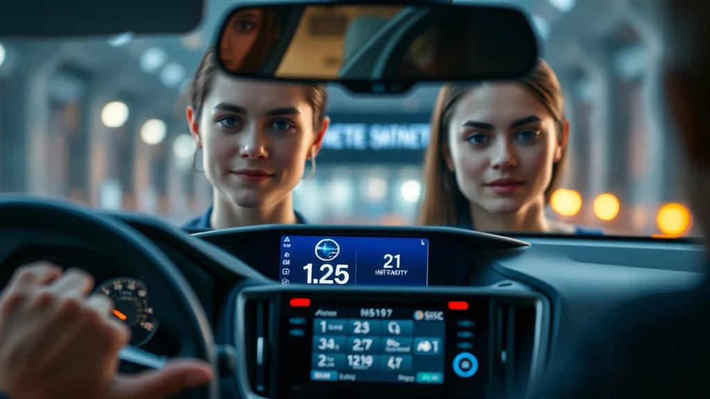 Modern Subaru vehicle dashboard closeup with active safety features display, digital safety icons glowing, photorealistic illuminated vehicle interior with blue-gray palette