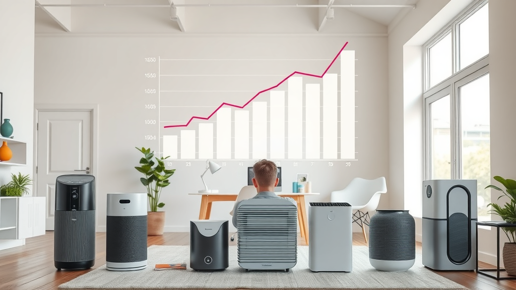 trend chart rising above images of stylish air purifiers, clean modern home background, Photorealistic High Fidelity Lifelike, open-concept home office with large window, highly detailed, digital data visualization blended into the scene, bright natural daylight, shot with a 35mm lens. Air purifier market