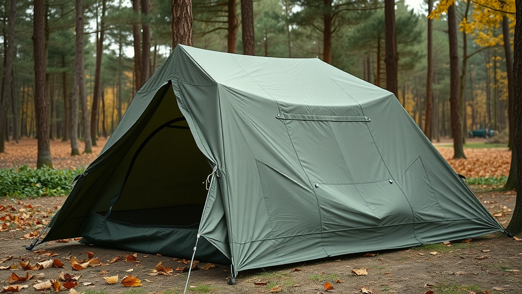 Sturdy military surplus tent, durable, pitched in a rugged outdoor setting