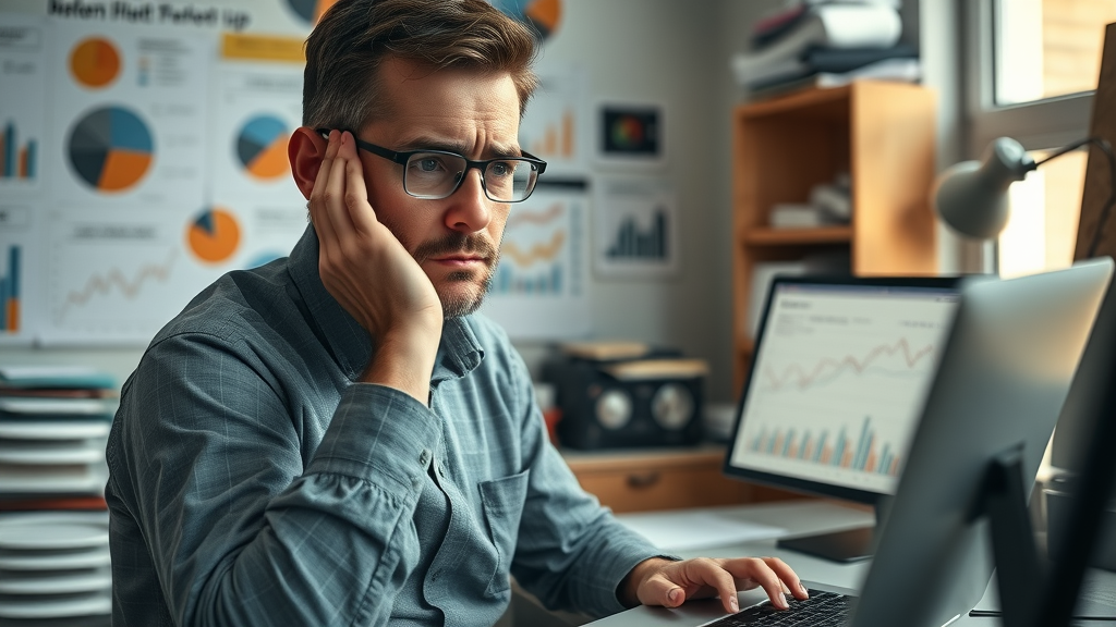 Frustrated entrepreneur analyzing poor digital marketing performance with graphs showing downward trends
