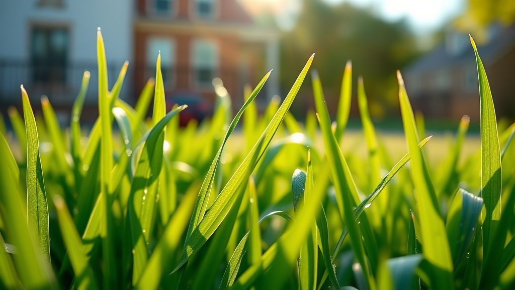 Vibrant grass close-up, fresh dew, morning light reflecting