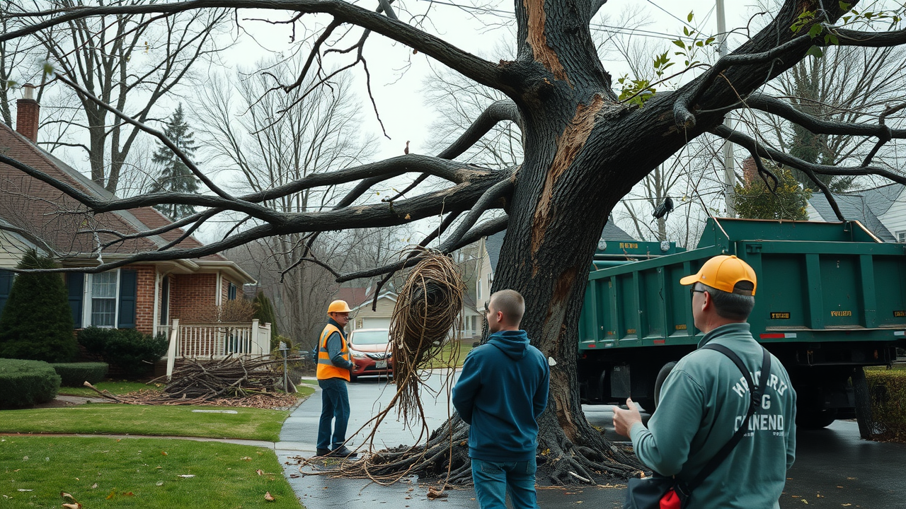 Tree service crew removing storm-damaged tree in Ledgewood, NJ safely