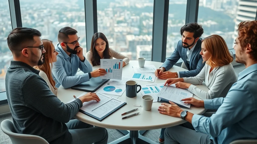 Diverse team reviewing printed financial reports and visual charts, using holistic accounting and financial reporting for strategic planning.