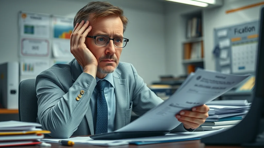 Stressed accountant facing payroll tax penalties, reviewing employment tax forms and a calendar with IRS deadlines