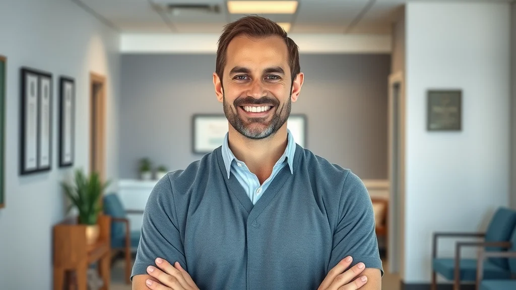 Confident caring Sacramento chiropractor portrait, warm and professional, clinic awards and certificates visible, health and wellness focus - chiropractor in sacramento, chiropractic profession, years of experience