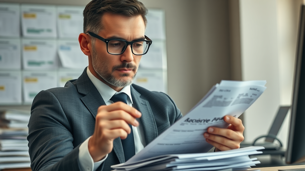 Business owner organizing financial documents, preparing for merchant cash advance Mesa Arizona application, with paperwork and desktop computer in office